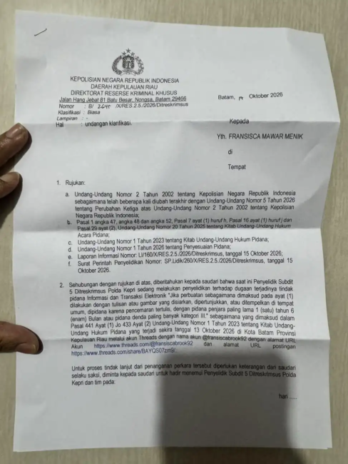 Viral Unggahan Blackout Batam, Fransisca Mawar Menik Dipanggil Polda Kepri